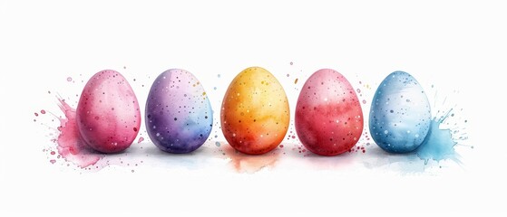  A row of painted eggs arranged on a pristine white surface, adorned with droplets of water