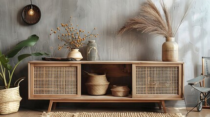 Stylish midcentury modern wooden cabinet with dried plants in ceramic vases and woven baskets in a home interior