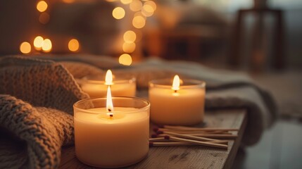 Close up shot of burning candles creating a calm atmosphere with matches