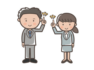 アイデアを思い付くリクルートスーツ風の若い男女ビジネスマンのイラスト