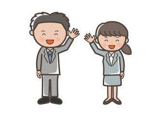 笑顔で手を振るリクルートスーツ風の若い男女ビジネスマンのイラスト