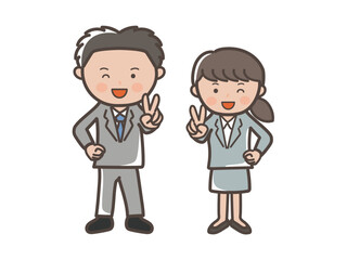 笑顔でピースをするリクルートスーツ風の若い男女ビジネスマンのイラスト