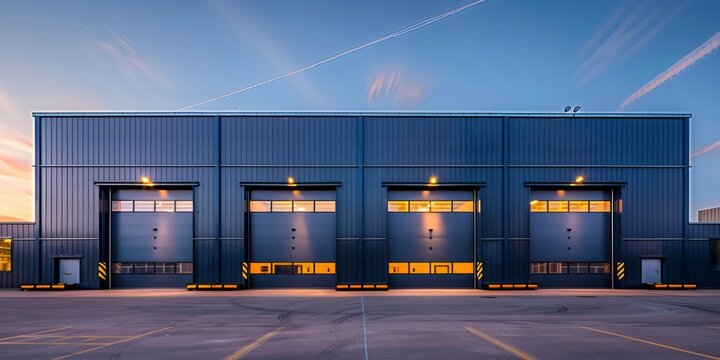 A sequence of closed roller shutter doors on a warehouse, captured during the soft glow of twilight, highlighting industrial functionality.