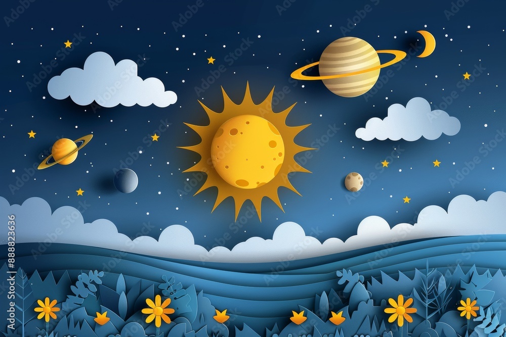Poster artistic representation of a cosmic landscape with planets stars and nebulae in a vibrant and dynami