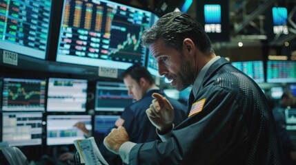 Fototapeta premium Stock traders focused on screens with financial data at a busy stock exchange, analyzing market trends and making decisions.