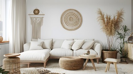 Cozy living room with a white sofa, beige pillows, woven decor, and natural elements. Features a round rug, poufs, a wooden stool, and dried plants, creating a serene, earthy ambiance.