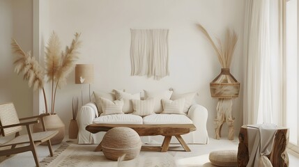Cozy living room with a white sofa, beige pillows, woven decor, and natural elements. Features a round rug, poufs, a wooden stool, and dried plants, creating a serene, earthy ambiance.
