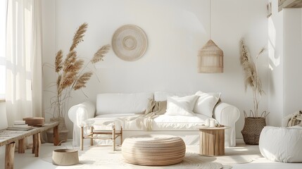 Cozy living room with a white sofa, beige pillows, woven decor, and natural elements. Features a round rug, poufs, a wooden stool, and dried plants, creating a serene, earthy ambiance.