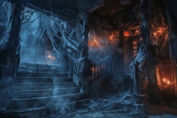 Creepy Haunted House with Ghostly Decor and Eerie Lighting Creating a Chilling Atmosphere