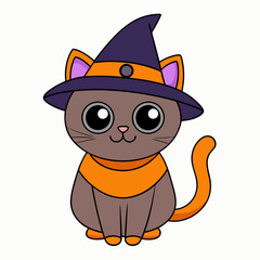Vector illustration of a cute cat in a Halloween costume with a witch's hat on a white background celebrating International Cat Day