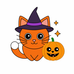 Vector illustration of a cute cat in a Halloween costume with a witch's hat on a white background celebrating International Cat Day