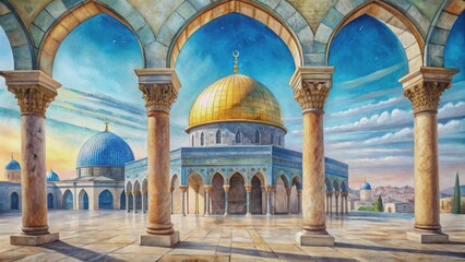 Obraz premium Ancient Jerusalem temple's intricately adorned stone columns and arches set against a serene watercolor background of soft blues and whites.
