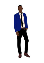 Black business man standing full length. Handsome african american guy wearing formal office suit and tie. Vector colored outline illustration isolated on transparent background.	