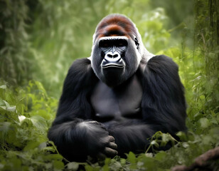 Obraz premium gorilla in the wild. looks at the camera.