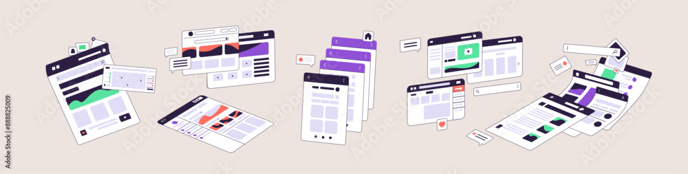 Poster templates of web application ui set. design of user interface of mobile app for search information i