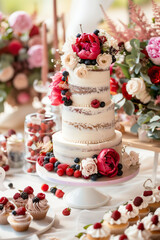 A wedding sweet table in a rustic style with a large three-tiered white cake with flowers and berries, cupcakes, lollipops and a lot of fresh flower
