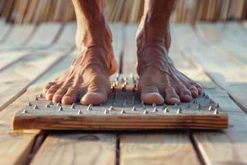 Cropped shot of yoga man standing barefoot on a wooden Sadhu board with nails during concentration meditation practice outd