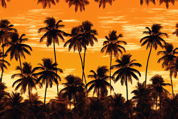 a group of palm trees against an orange sky