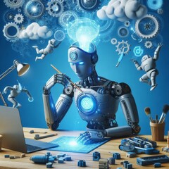 a robot drawing with a blue screen and a drawing of a robot.