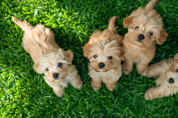 puppies on grass in park in summer morning
