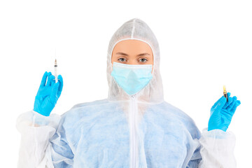 Medical worker in protective suit, with ampule and syringe on white background. Vaccination concept