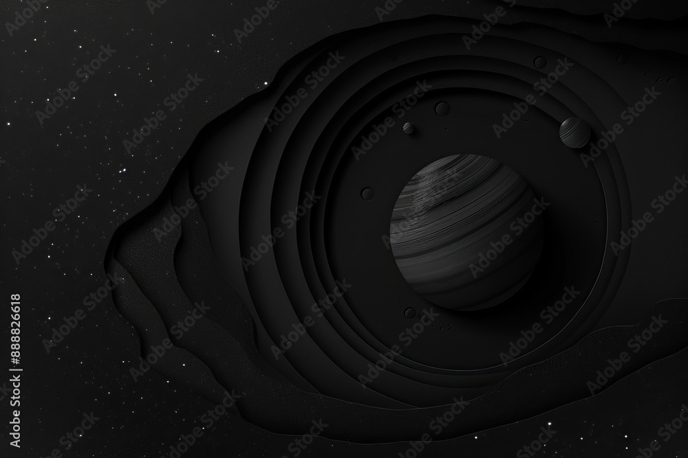 Poster abstract black space scene with planets and swirling patterns creating a dramatic cosmic artwork