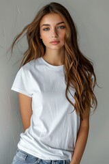 Fototapeta premium White tshirt mockup on woman model created with Generative AI