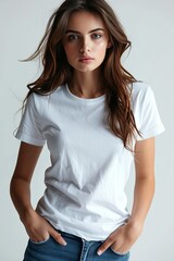 Obraz premium White tshirt mockup on woman model created with Generative AI