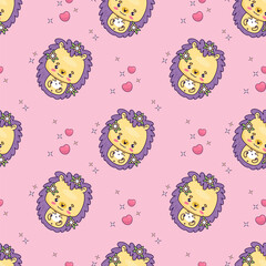 Seamless pattern with romantic hedgehog on pink background with heart. Vector illustration with funny cartoon kawaii animal character 