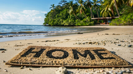 Home doormat on a paradise white sand beach representing people moving abroad or teleworking from a nice place
