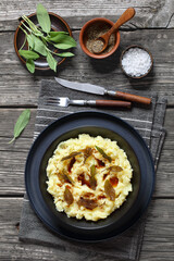 Brown Butter Potato Mash with fried sage leaves