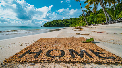 Home doormat on a paradise white sand beach representing people moving abroad or teleworking from a nice place
