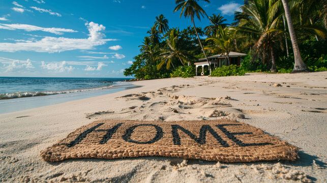 Home doormat on a paradise white sand beach representing people moving abroad or teleworking from a nice place