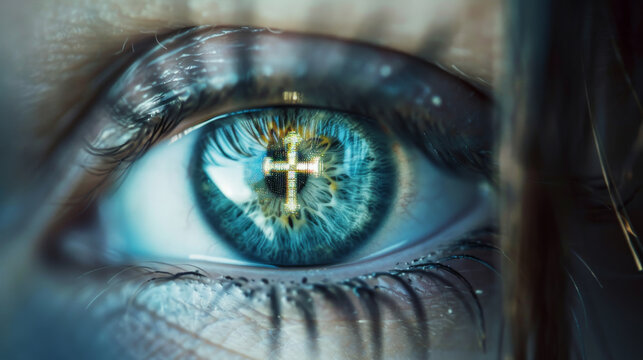 Macro shot of a holy person eye seeing a Christian cross in iris representing the belief and religiosity