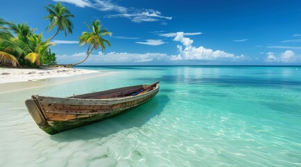 Fototapeta premium Wooden boat on a tropical beach with palm trees and white sand