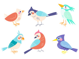  Set of cute birds in cartoon style. Vector illustration of various birds decorated with patterns, with manes, body, belly, wings, beak, tail isolated on white background. Birds in pastel shades.