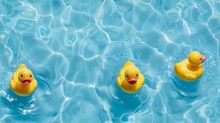 a few yellow rubber duckies laid out beautifully for top down photo, blue watery background	