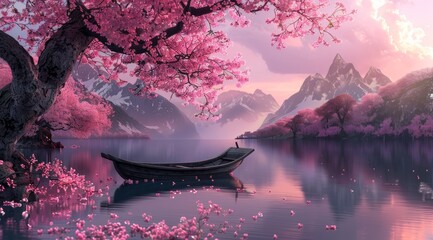 Tranquil Lake in Full Bloom with Boat and Blossoms