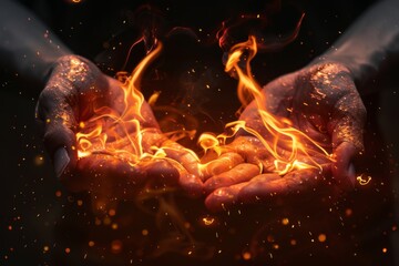 Fototapeta premium Two hands holding vibrant flames with glowing sparks. Conceptual image of power and energy. Symbolic and artistic representation. Perfect for backgrounds or illustrations. Generative AI