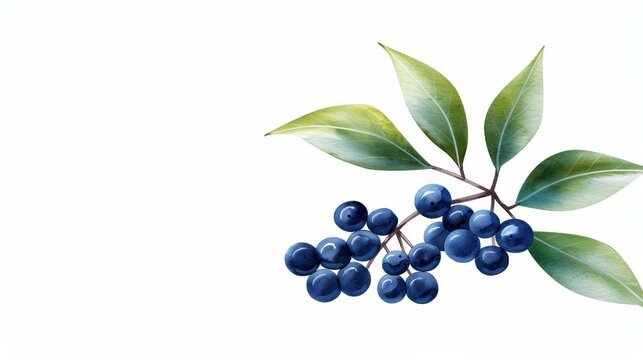 Detailed watercolor of elderberry tree with dark purple berries for botanical art on white background.