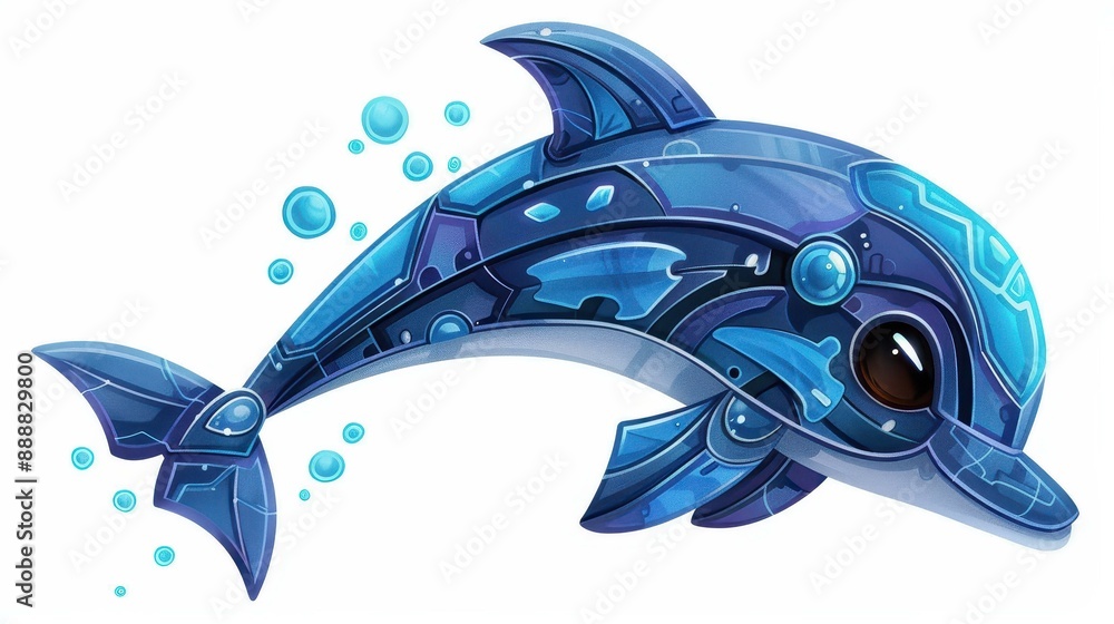 Poster unique cyber dolphin design with digital patterns and a robotic tail on a white background.