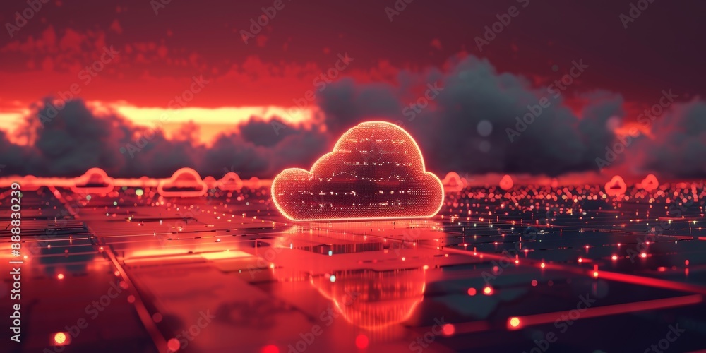 Poster glowing red digital cloud computing storage and data center concept