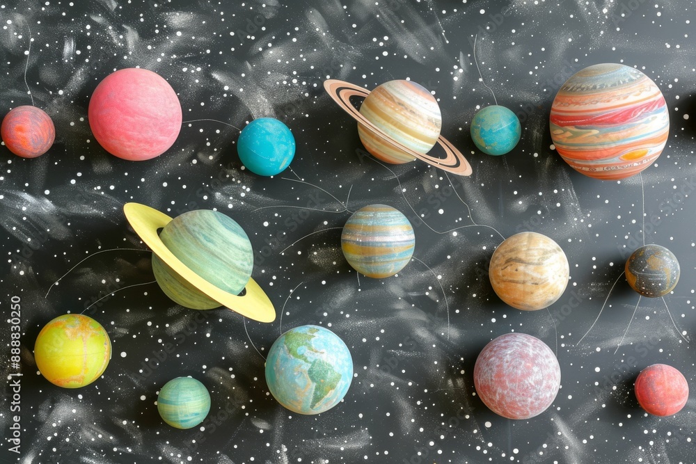 Poster planets and celestial bodies in a colorful cosmic scene with a dynamic and imaginative design