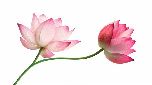 Bright pink and white lotus flower isolated on white background in a botanical illustration style.