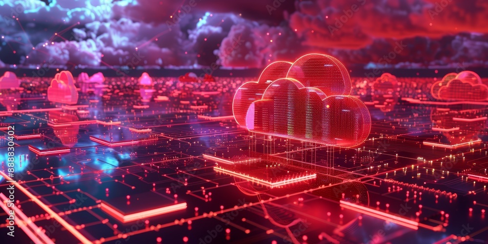 Aufkleber Futuristic glowing red circuit board with binary code and cloud computing technology