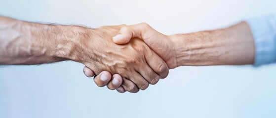Fototapeta premium A tight shot of two individuals shaking hands against a blue backdrop One person grasps the other's hand firmly