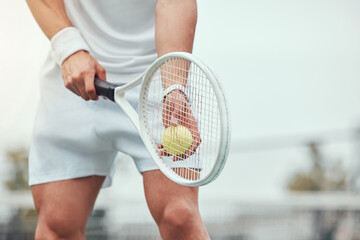 Man, serving and tennis in court with racquet, sports and ball for professional match for challenge...