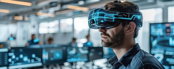 Cybersecurity training, augmented reality simulations, modern tech workspace
