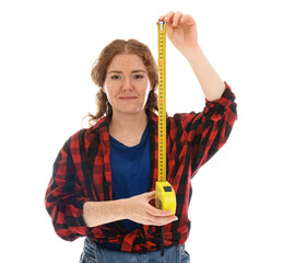 Pretty young woman with measuring tape on white background