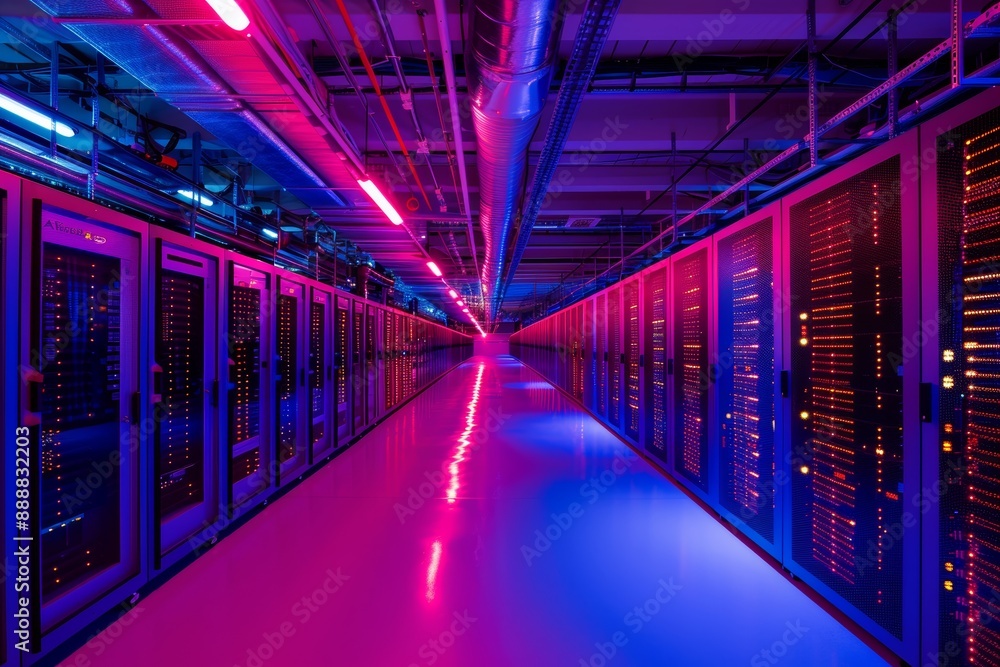 Poster futuristic server room with colorful neon lights illuminating the aisles between tall racks of serve